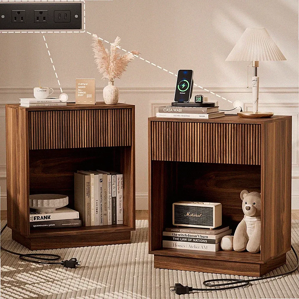 Fluted Nightstands Set of 2, Night Stand with Charging Station, Modern Bed Side
