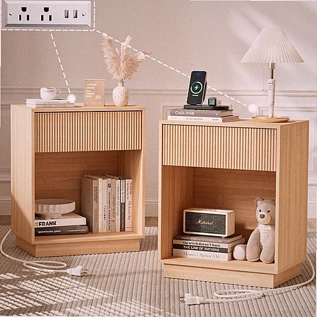 Fluted Nightstands Set of 2, Night Stand with Charging Station, Modern Bed Side