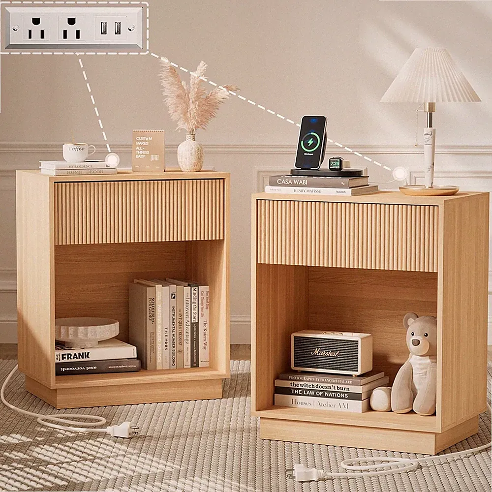 Fluted Nightstands Set of 2, Night Stand with Charging Station, Modern Bed Side