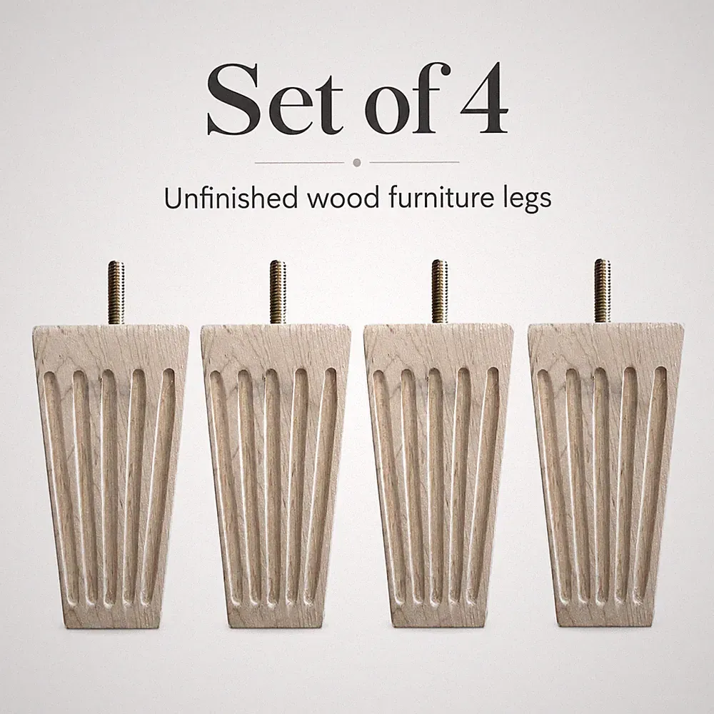 Fluted Sofa Legs Set of 4, 4.625" Unfinished Wood Furniture Legs, 2.5" Top