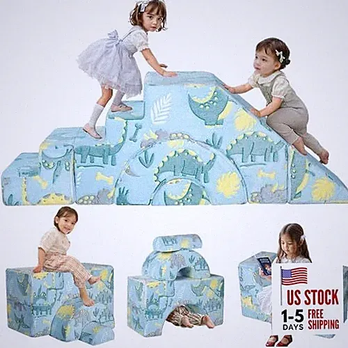 Foam Climbing Toddler Couch, Modular Kids Sofa with Slide & Stair, Dino Blue