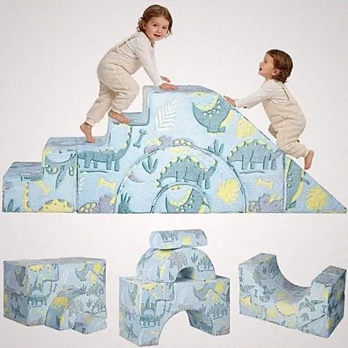Foam Climbing Toddler Couch, Modular Kids Sofa with Slide & Stair, Dino Blue