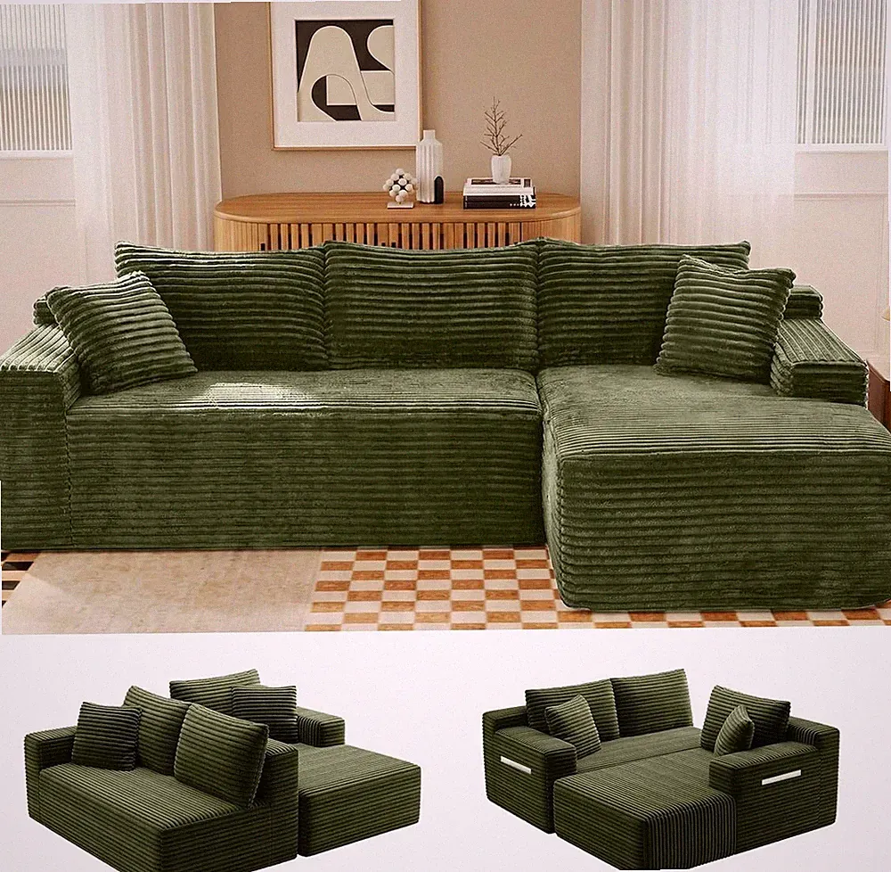 Focalsweet Modular Sofa Sectional Right Chaise Green Corduroy Deep Seat