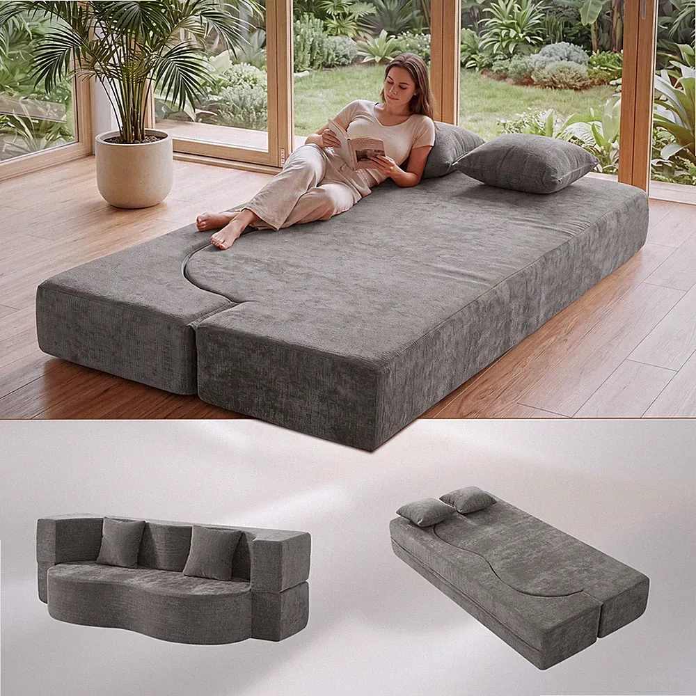 Foldable 3-Seater Guest Bed & Sofa Bed 200cm Wide XXL Bed in Orange/Grey