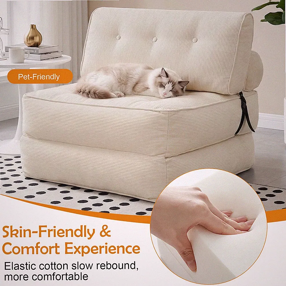 Foldable Compact Sofa Bed, Portable Chaise Lounge with Headrest & Lumbar Cushion