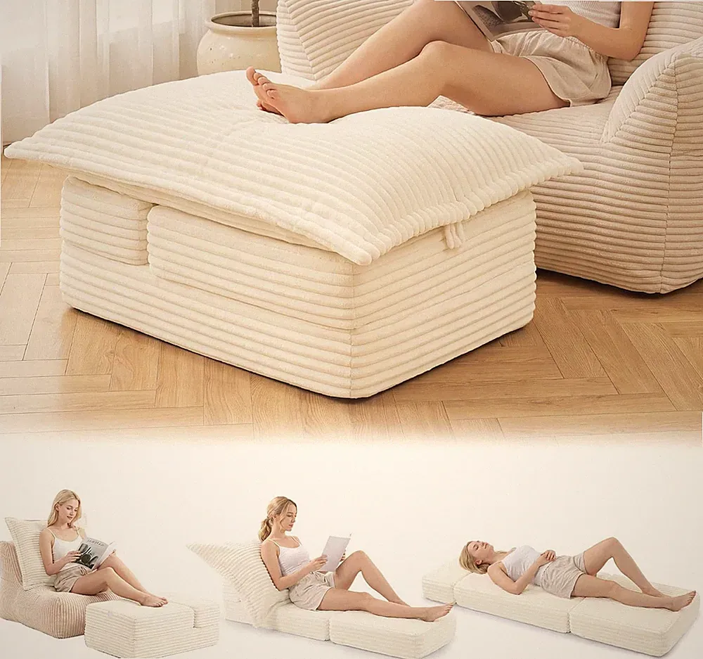 Foldable Corduroy Boneless Ottoman Convertible Folding Sofa Bed White,Removable