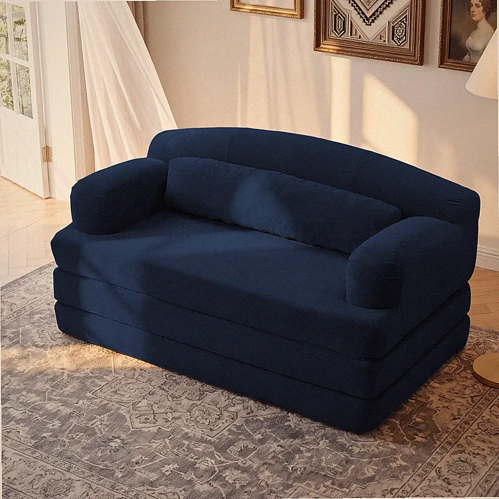 Foldable Corduroy Loveseat Sleeper Sofa Bed - Blue, High-Density Foam