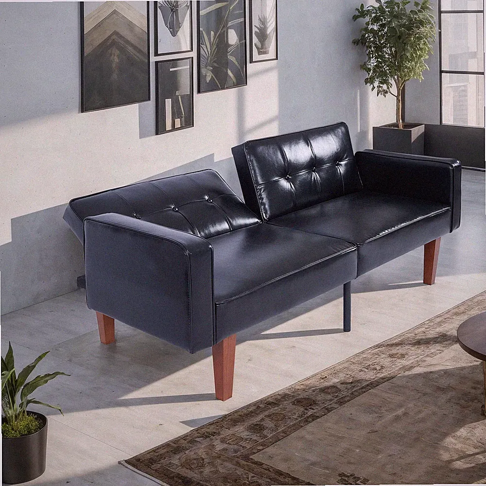 Foldable Faux Leather Sofa Bed 68" 3 Stage Reclining 105° 150° 180° Space Saver