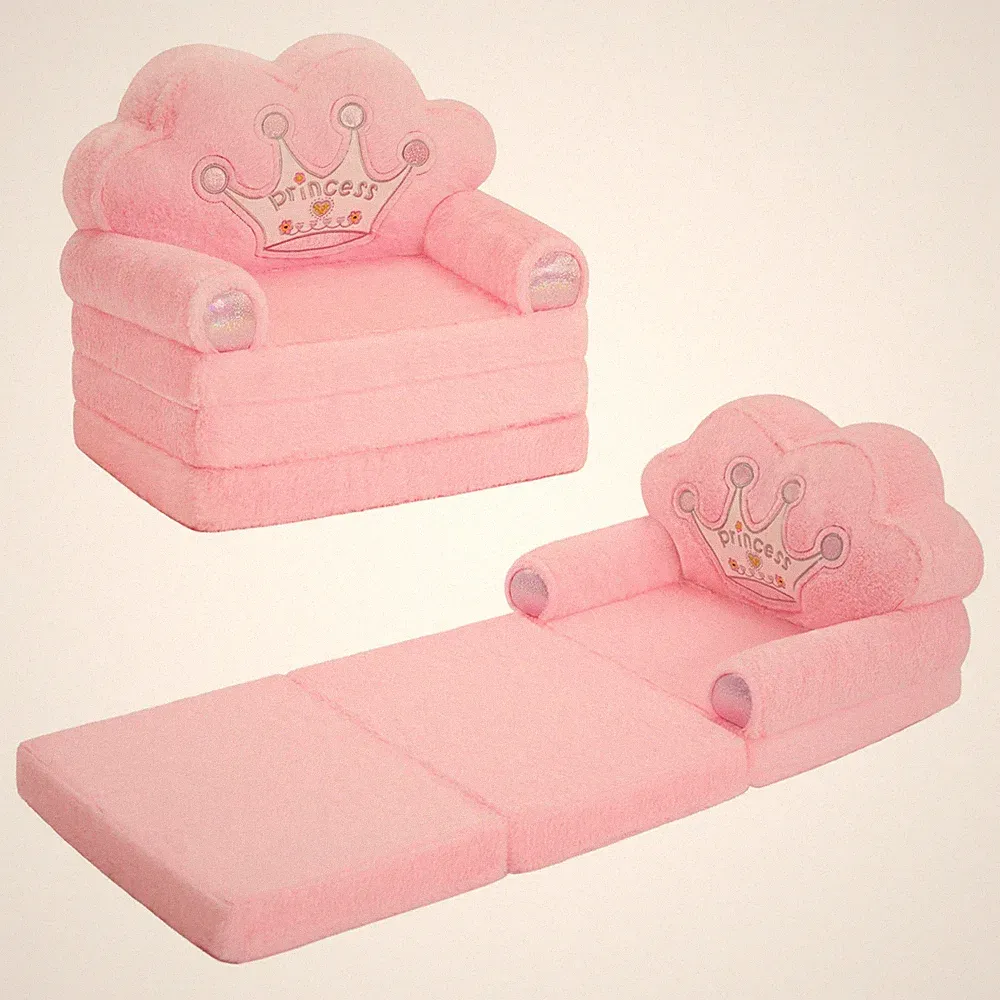 Foldable Kids Sofa Bed For Toddlers Soft Rabbit Fur Fabric Princess Chair