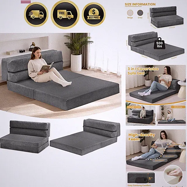 Foldable Mattress Full, 54" Folding Sofa Bed, 3-in-1 Convertible Sofa Bed Flo...