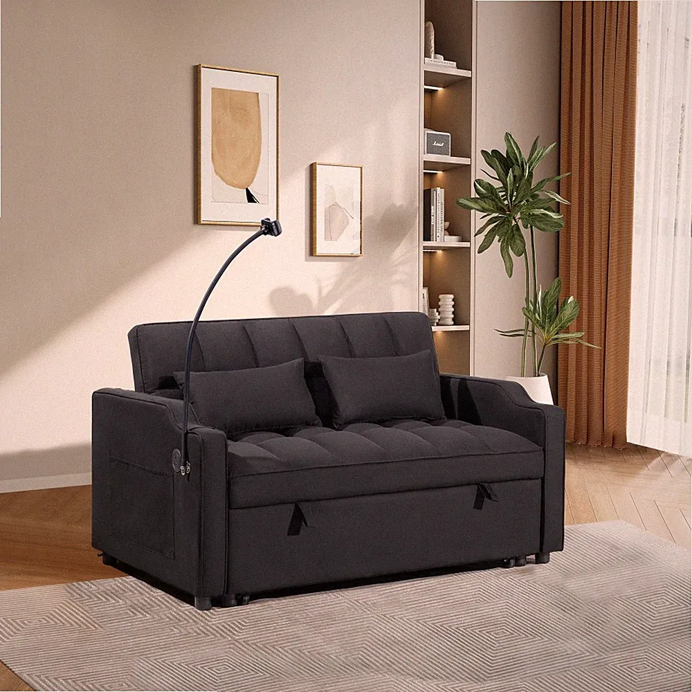 Foldable Sofa Bed Adjustable Backrest Suede Fabric USB Port Black Loveseat