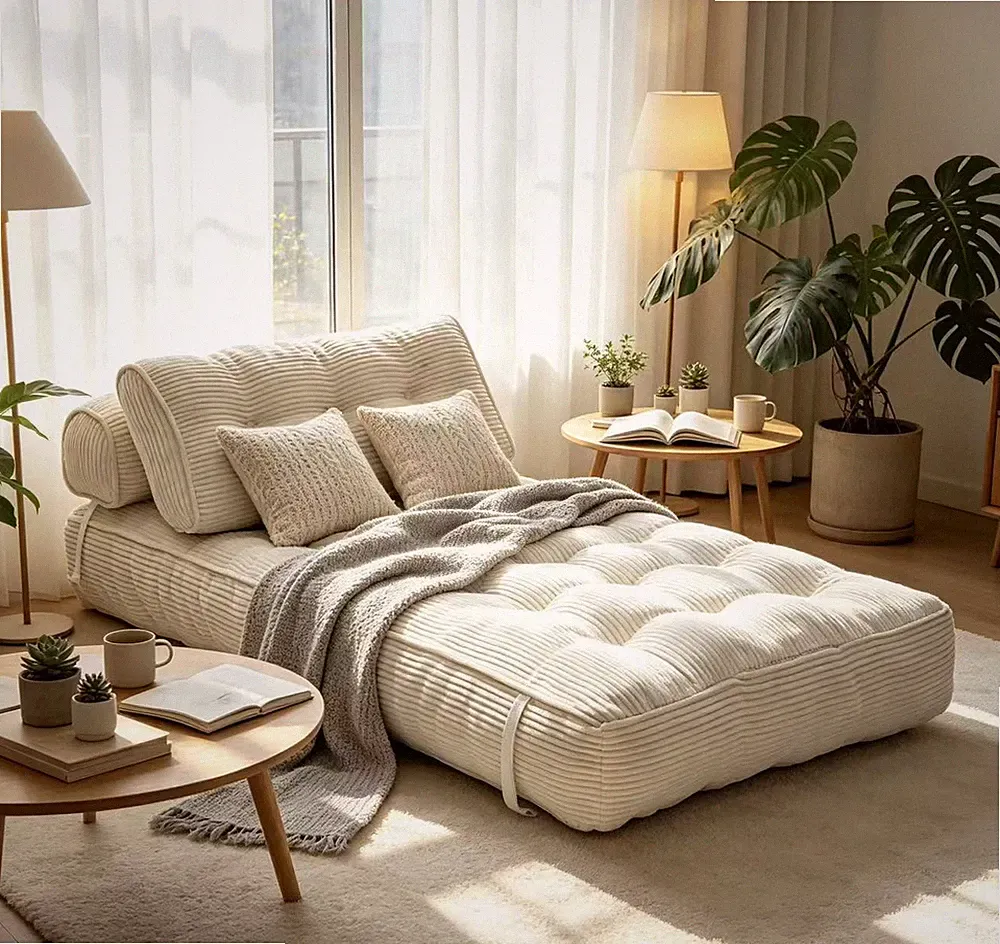 Foldable Sofa Bed Single Size Corduroy Lounge Chair with Pillow & Back Support
