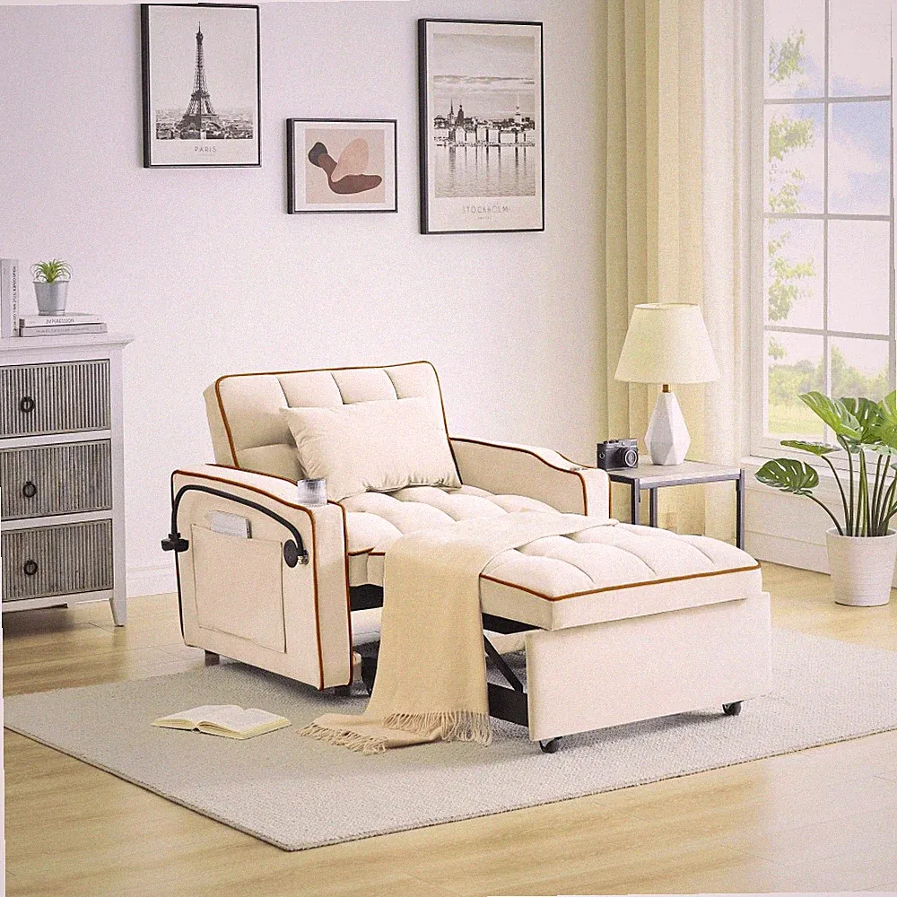 Foldable Velvet Futon Sofa Bed with USB Port and Swivel Stand, Cream White