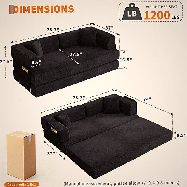 78.7"Modular Corduroy Sofa Bed,5 in 1 Convertible Multi-Functional Futon W/Pillo