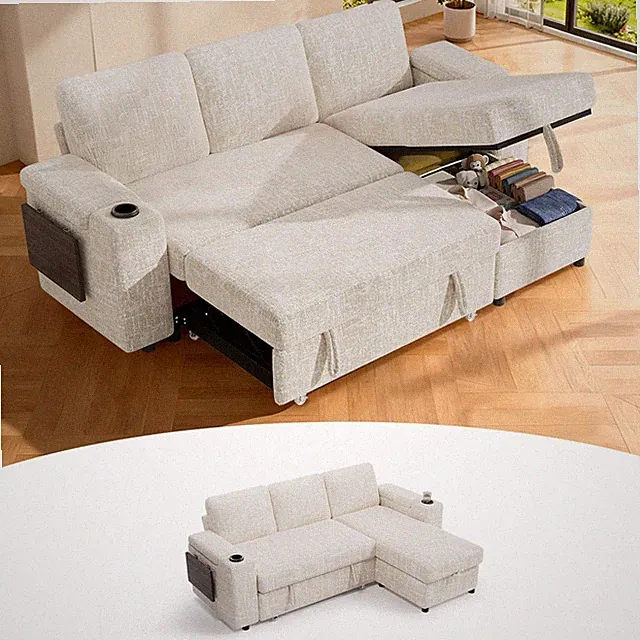 Folding Chenille Convertible Sleeper Sofa Bed 3-Seat Couch with Large Storage