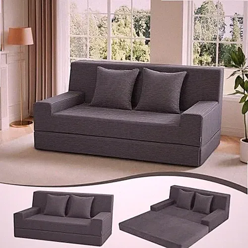 Folding Futon Couch Queen – Boneless Corduroy Loveseat Sofa Bed Grey (Double)