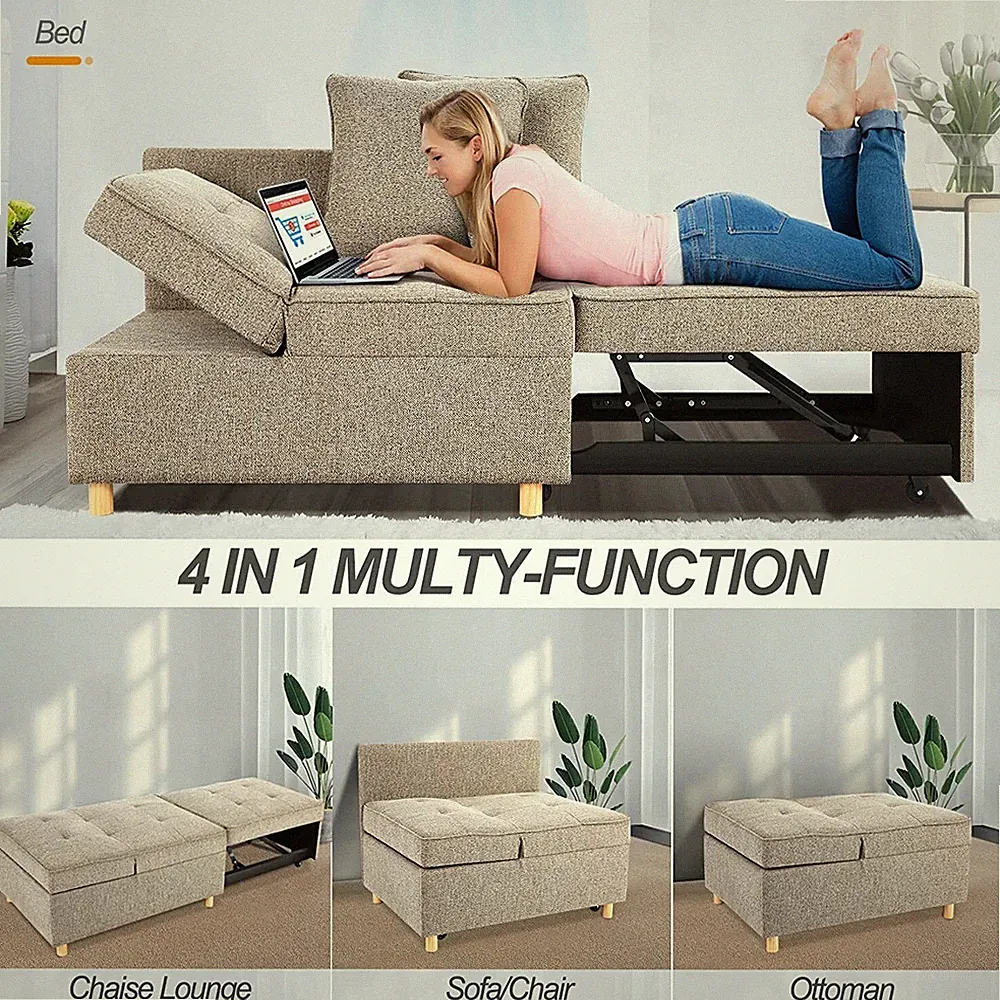 Folding Ottoman Sofa Bed Chair 4-in-1 Sleeper Sofa Adjustable Backrest Loveseat⭐