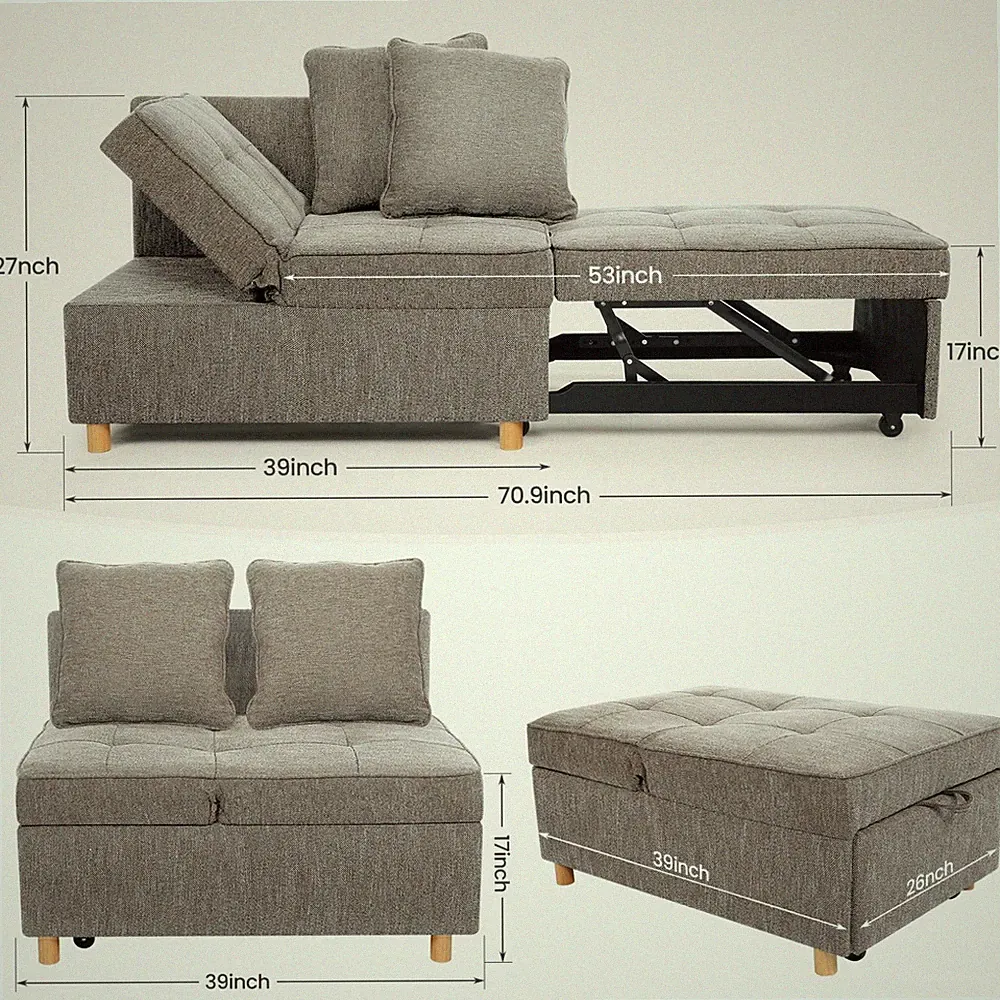 Folding Ottoman Sofa Bed Chair, 4-in-1 Sleeper Sofa Adjustable Backrest Loveseat