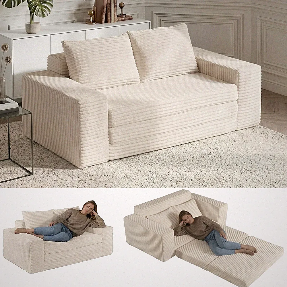Folding Sofa Bed 2-Seater Cream Corduroy Memory Foam 68.5"