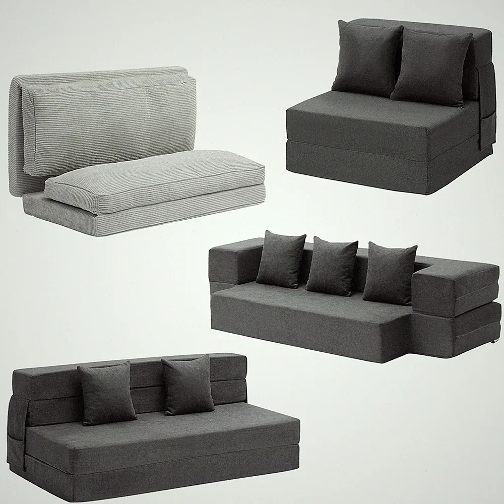 Folding Sofa Bed 3-in-1 Foldable Couch Bed with 2/3 Pillows/Washable Cover Grey