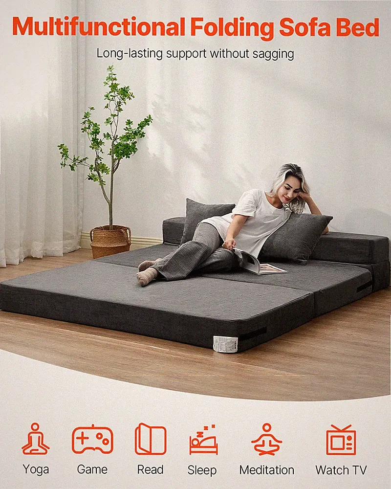 Folding Sofa Bed 3-in-1 Foldable Couch Bed with 2 Pillows Dark Grey Queen