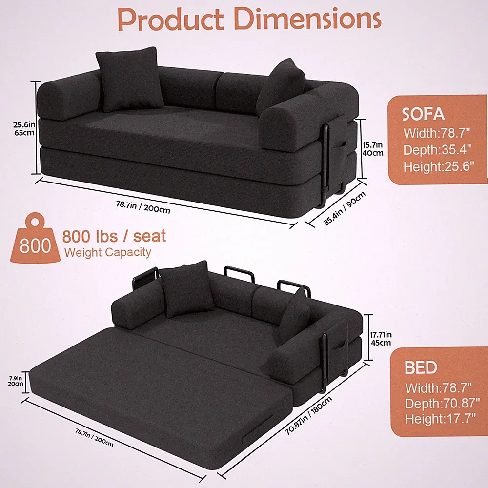 Folding Sofa Bed 600 lbs 3 People Boneless Sofa Lounge Chair Compression Sofa US