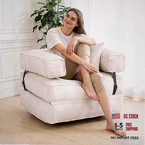 Folding Sofa Bed Chair, U-Shaped Convertible Sleeper Chair with Armrests White