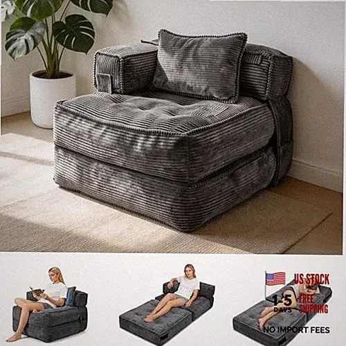 Folding Sofa Bed Chair with Armrests, Convertible Futon Couch Sleeper Dark Grey
