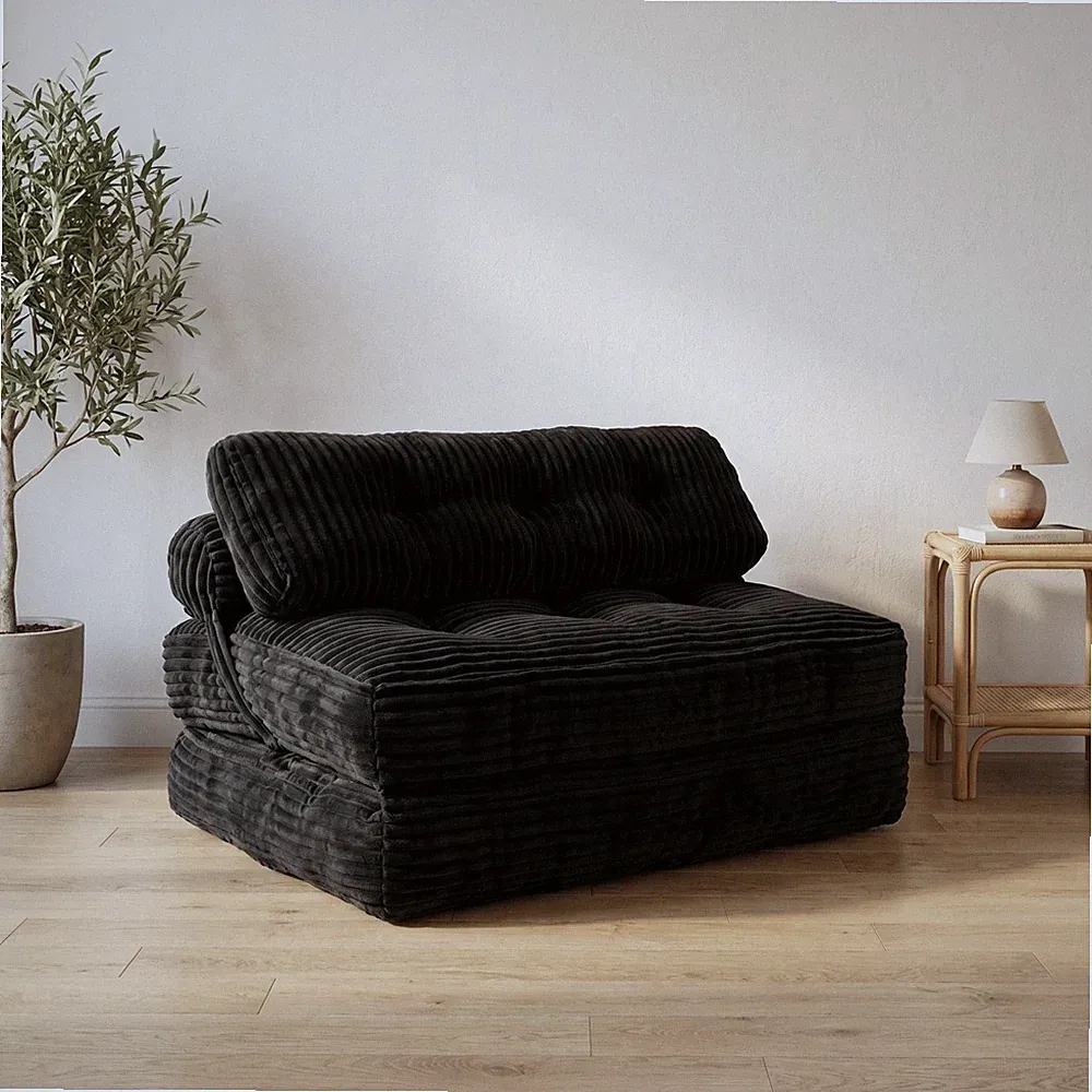 Folding Sofa Bed Convertible Chair with Pillow, Black Plush Fabric