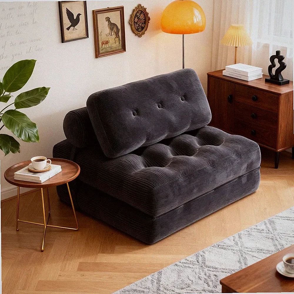 Folding Sofa Bed Convertible Sleeper Chair Couch Corduroy High Density Foam Grey