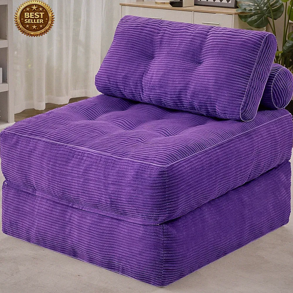 Folding Sofa Bed Convertible Sleeper Chair Floor Couch 3in1 Purple Corduroy