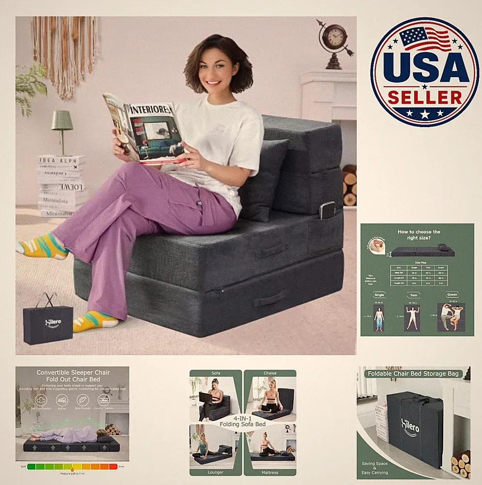 Folding Sofa Bed Convertible Sleeper Chair Floor Futon with Storage Bag