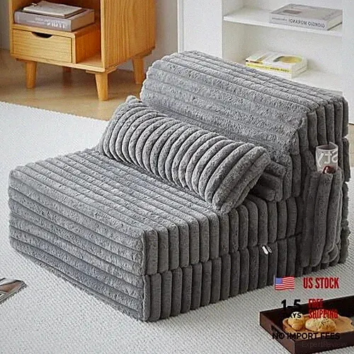 Folding Sofa Bed Convertible Sleeper Chair Mattress Single Size Corduroy Gray