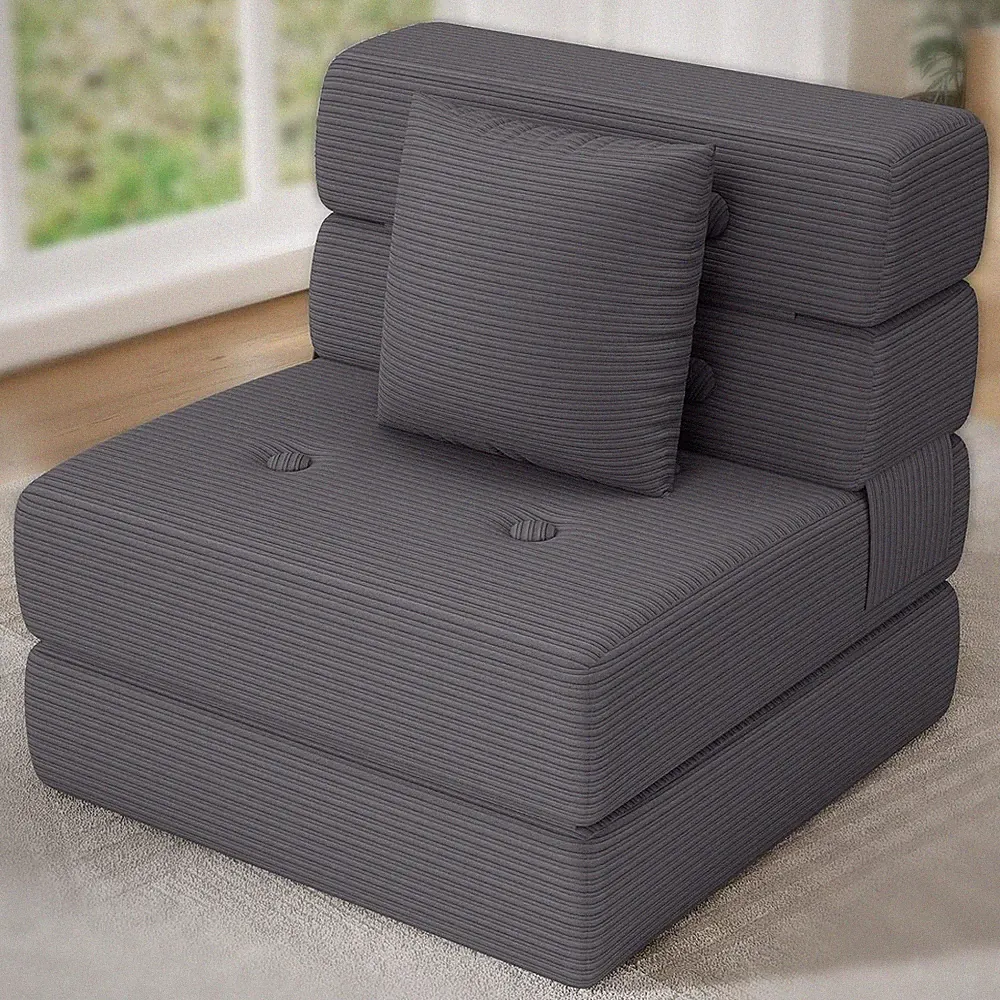 Folding Sofa Bed Convertible Sleeper Chair One Piece Foam Couch Grey Single