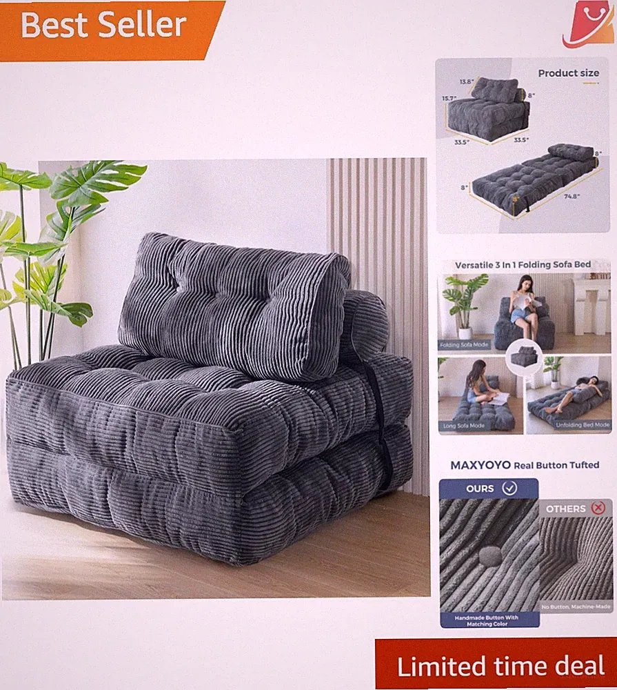 Folding Sofa Bed Corduroy Single Convertible Lounge Chair with Pillow Dorm