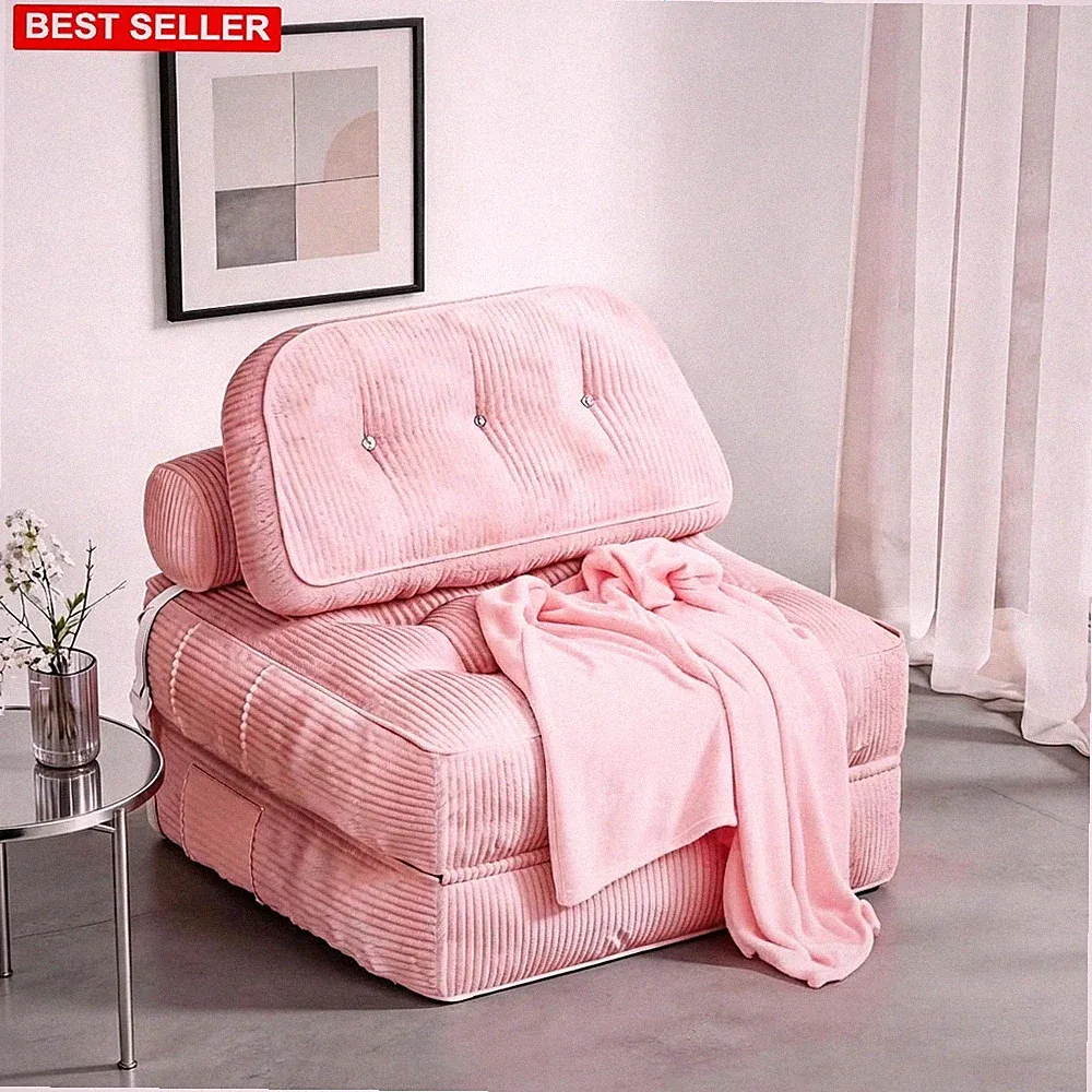 Folding Sofa Bed Flannel Futon Couch Convertible Sleeper Pillow Blanket Pink