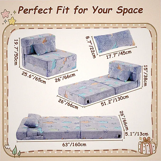 Folding Sofa Bed Floor Mattress for Kids with Pillow - Toddler Glow Washable...