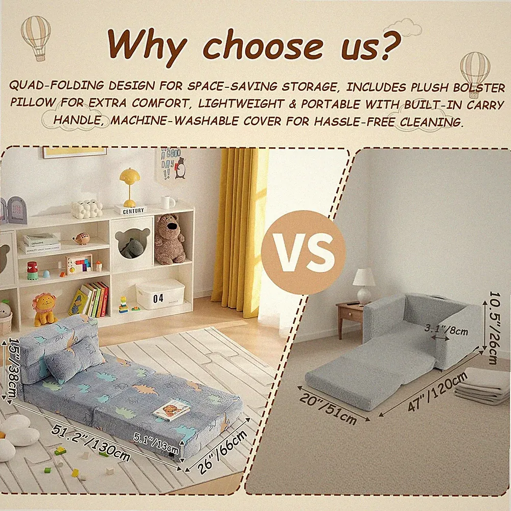Folding Sofa Bed Floor Mattress for Kids with Pillow - Toddler Glow Washable...