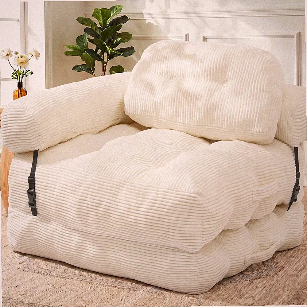 Folding Sofa Bed, L-Shaped Couch Back Support and Arm Pillow Futon