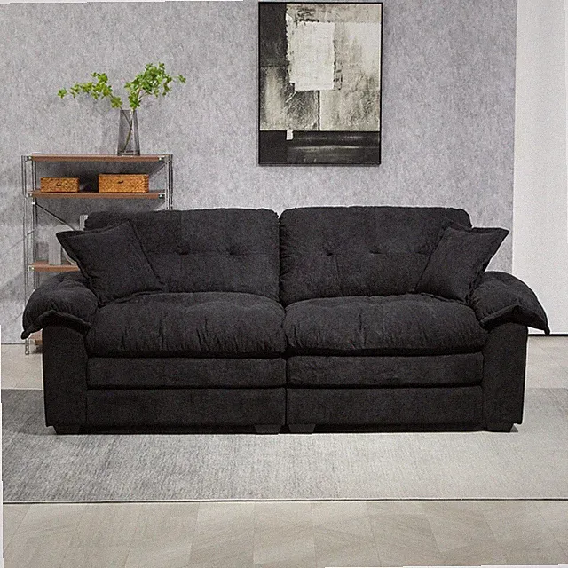 For Living Room 84" Chenille Sofa - Deep Seat, Memory Foam,2 Throw Pillows Black