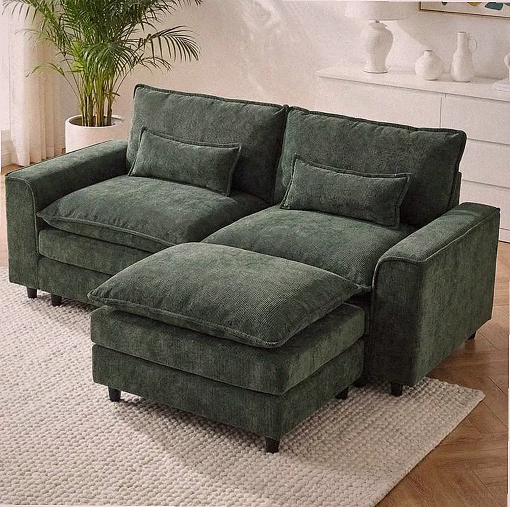 Forest Green Chenille Sectional Sofa L-Shape Couch w/ Ottoman
