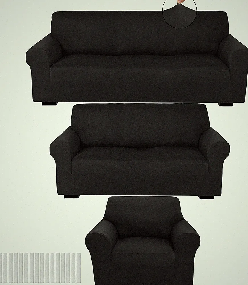 Form Fit 3-Pc Stretch Slipcover Set for Sofa Loveseat Armchair - Black