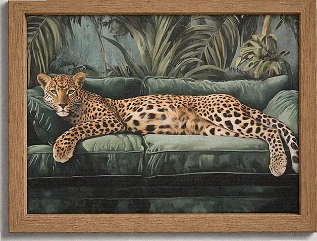 Framed Trendy Cheetah Wall Art Funky Leopard On Emerald Green Sofa Picture Wa...
