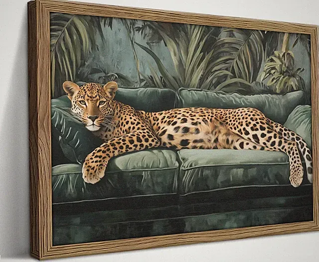 Framed Trendy Cheetah Wall Art Funky Leopard On Emerald Green Sofa Picture Wa...