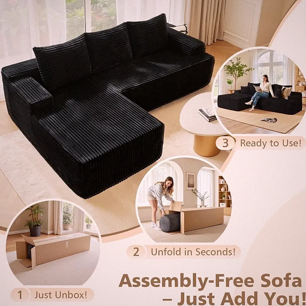 Frameless Boneless Soft Sofa,Cloud Sectional Couch With L-Shaped Chaise Black96"