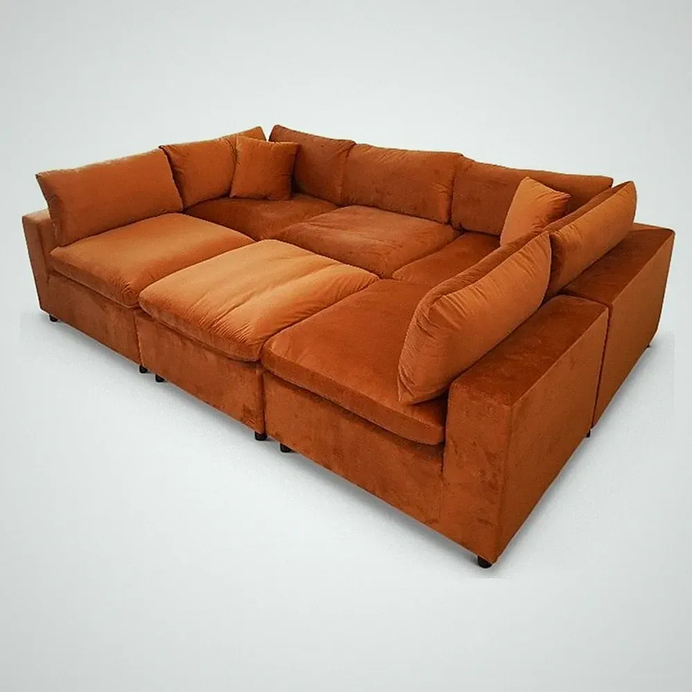 Fremont Mid Century Modern Modular Orange Velvet Comfy Sectional Couch