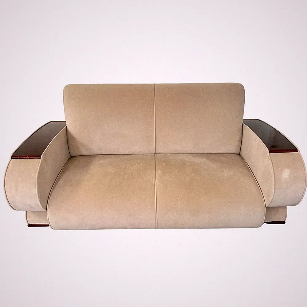 French Art Deco Sofa or Settee with Beige Velvet Upholstery & Rosewood Armrests