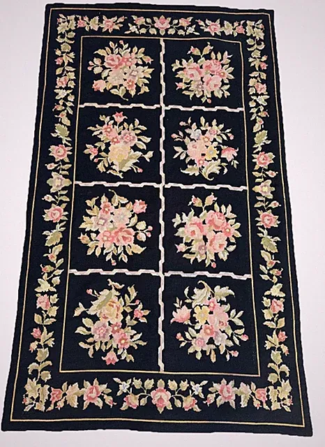 French Aubusson style needlepoint flat-weave wool rug, 8 Panel Floral BLK 3x5 ft