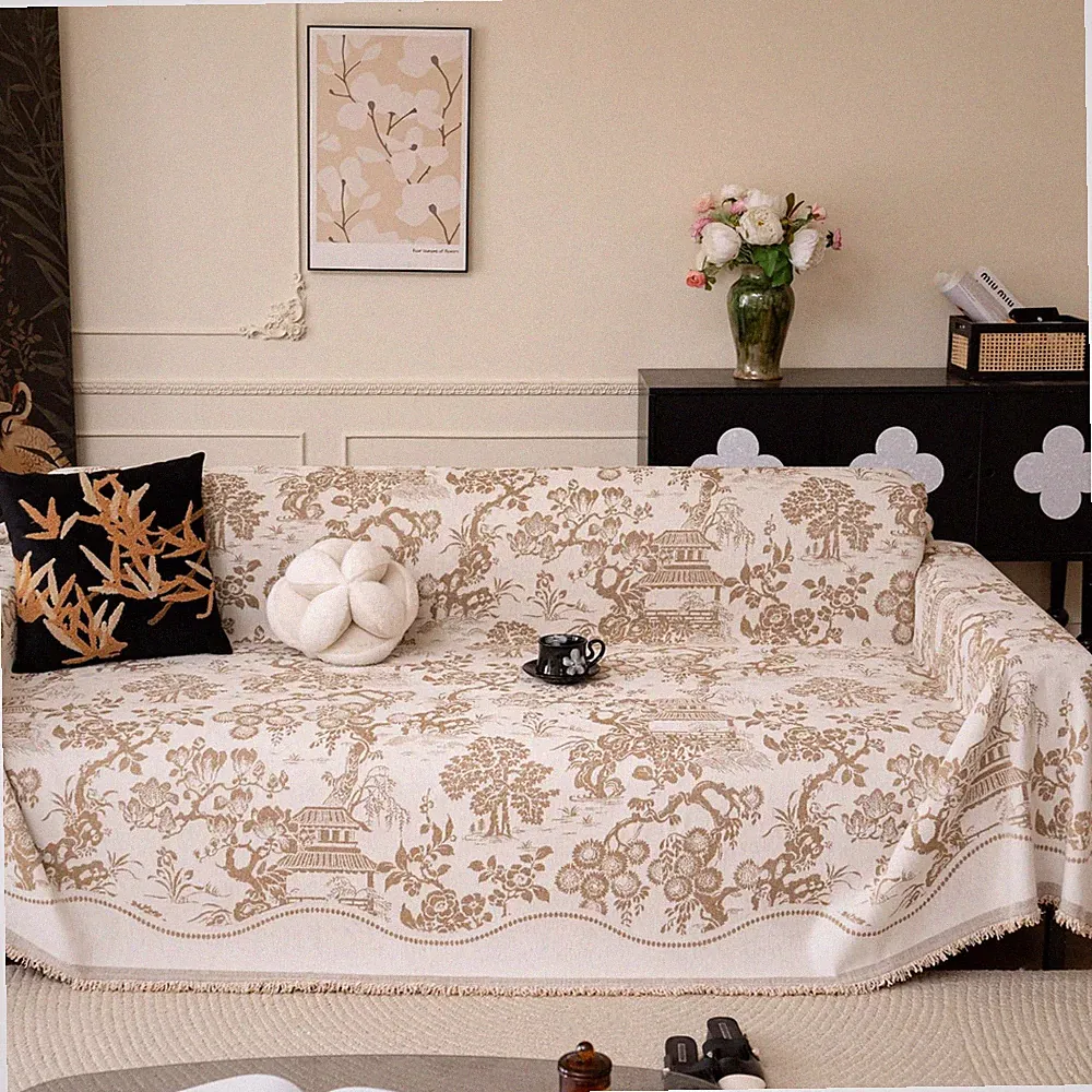 French Country Couch Cover for 3 Cushion Sofa, Chinoiserie Reversible Couch C...