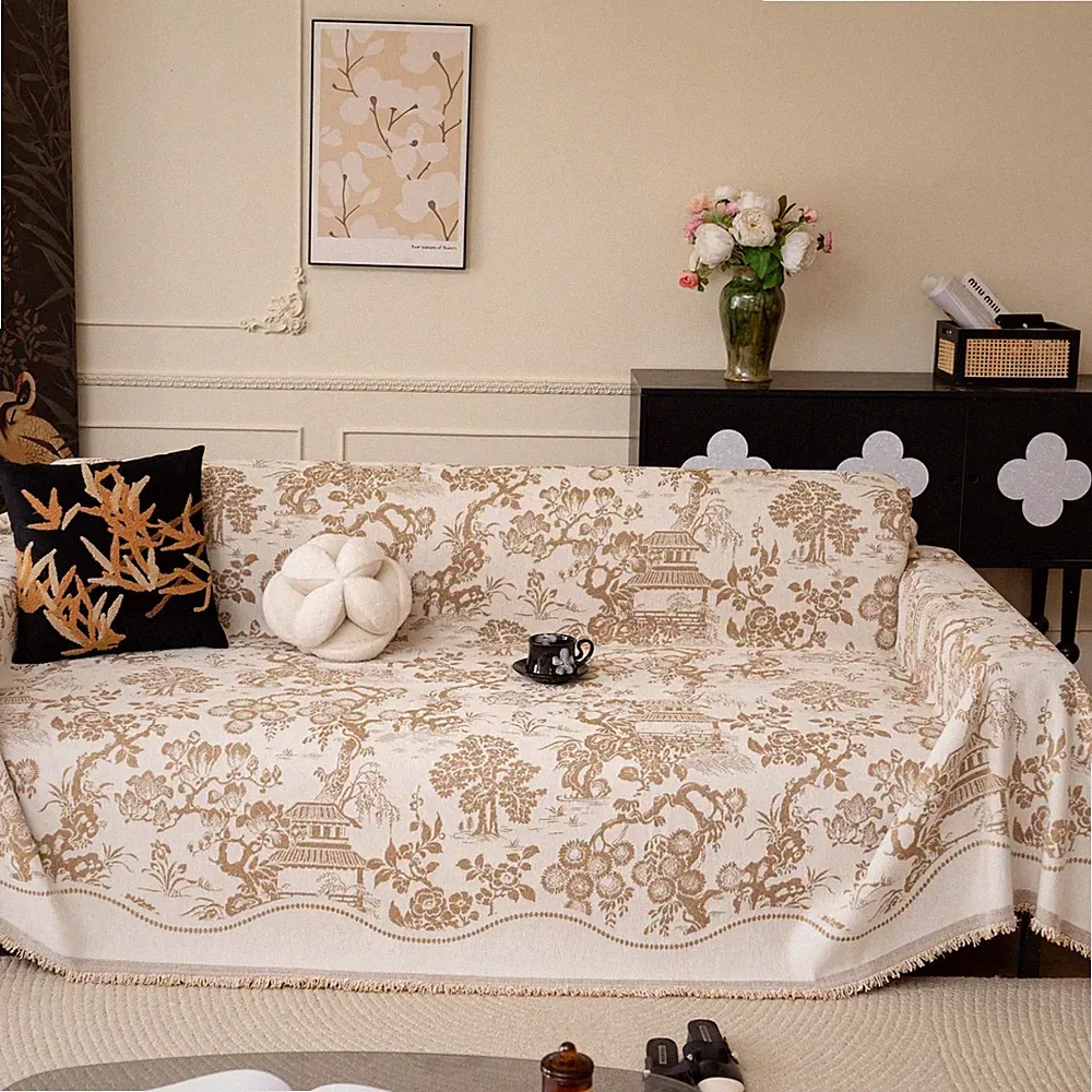 French Country Couch Cover for 3 Cushion Sofa, Chinoiserie Reversible Couch C...